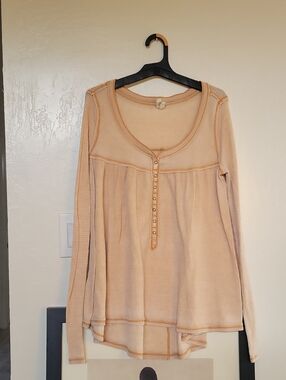 Free People Ribbed Henley Long Sleeve Top in Peach